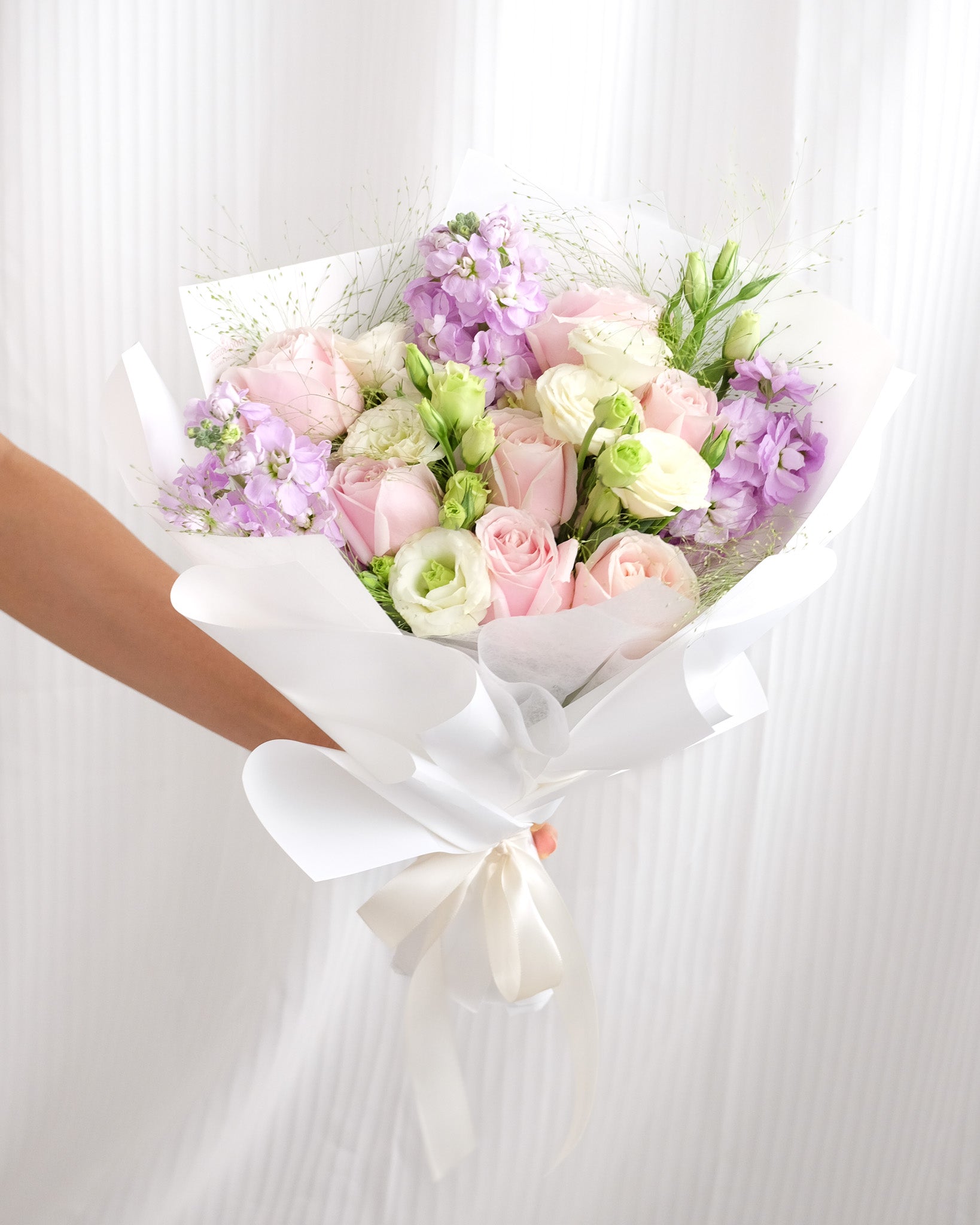Sweet Admiration | Pink Rose & Purple Matthiola Bouquet