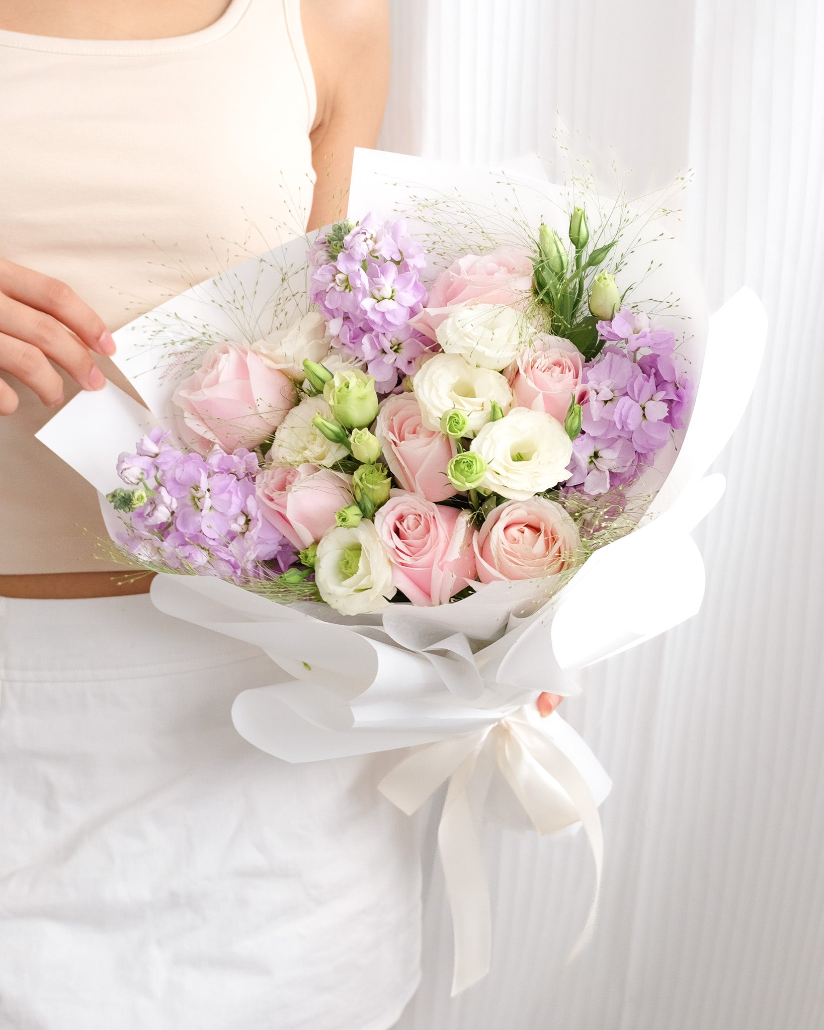 Sweet Admiration | Pink Rose & Purple Matthiola Bouquet