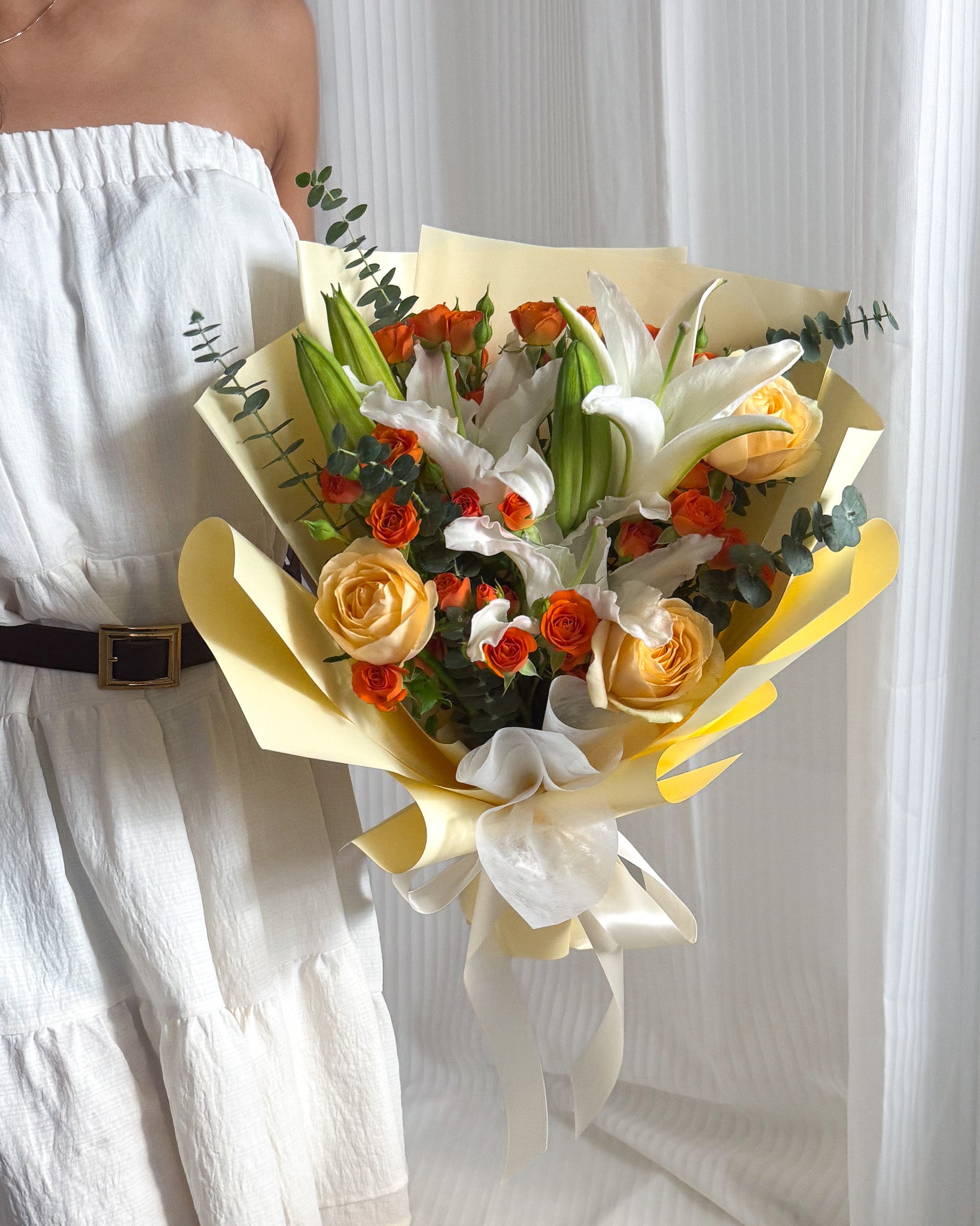 Golden Grace | White Lily & Orange Roses Bouquet