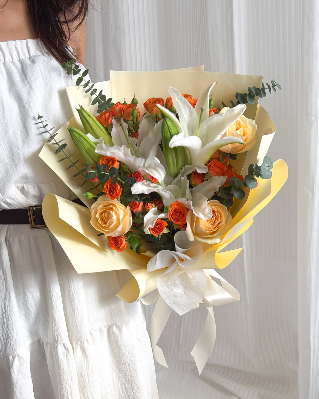 Golden Grace | White Lily & Orange Roses Bouquet