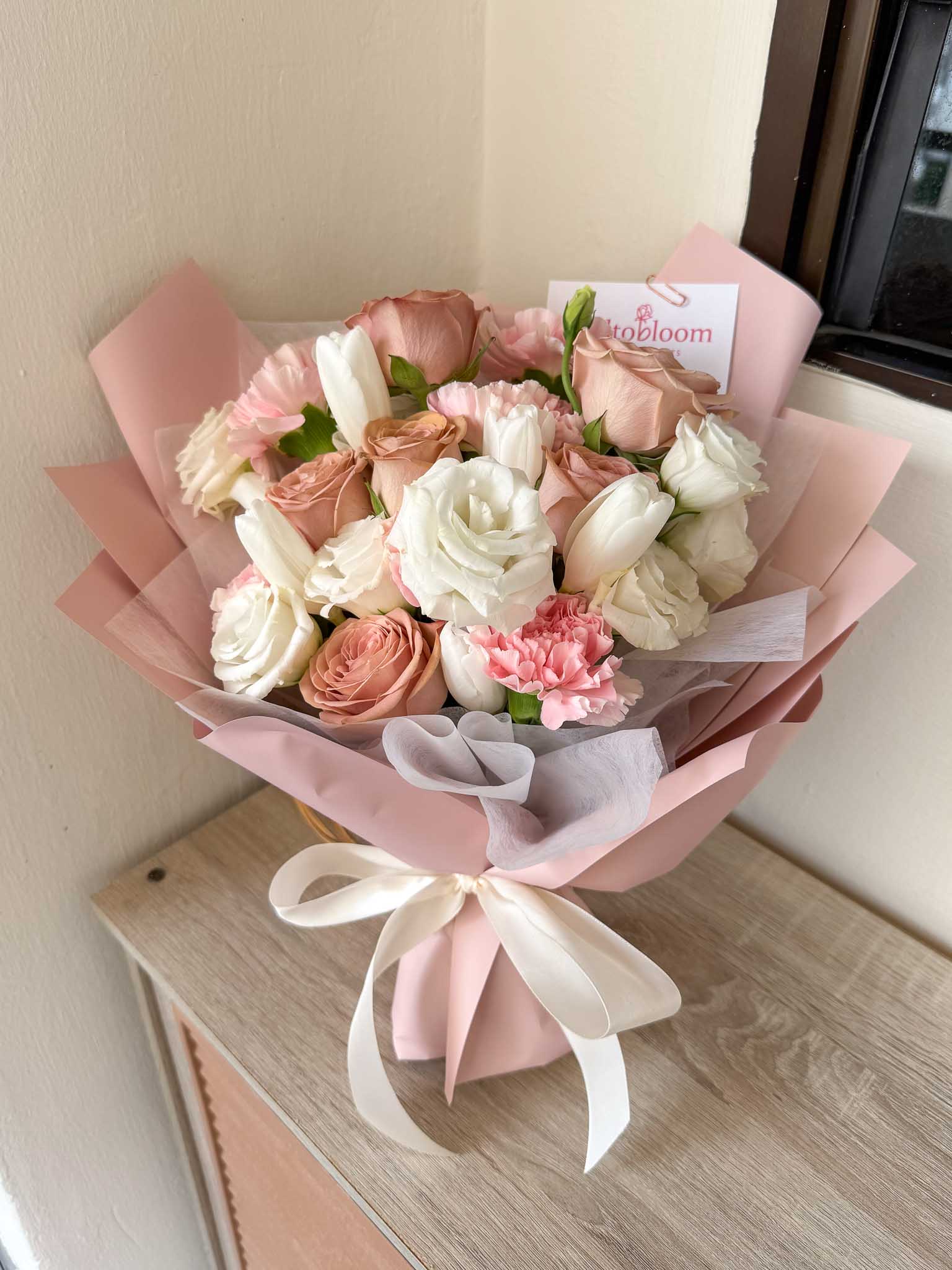 Adore | White Tulip & Cappuccino Rose Bouquet