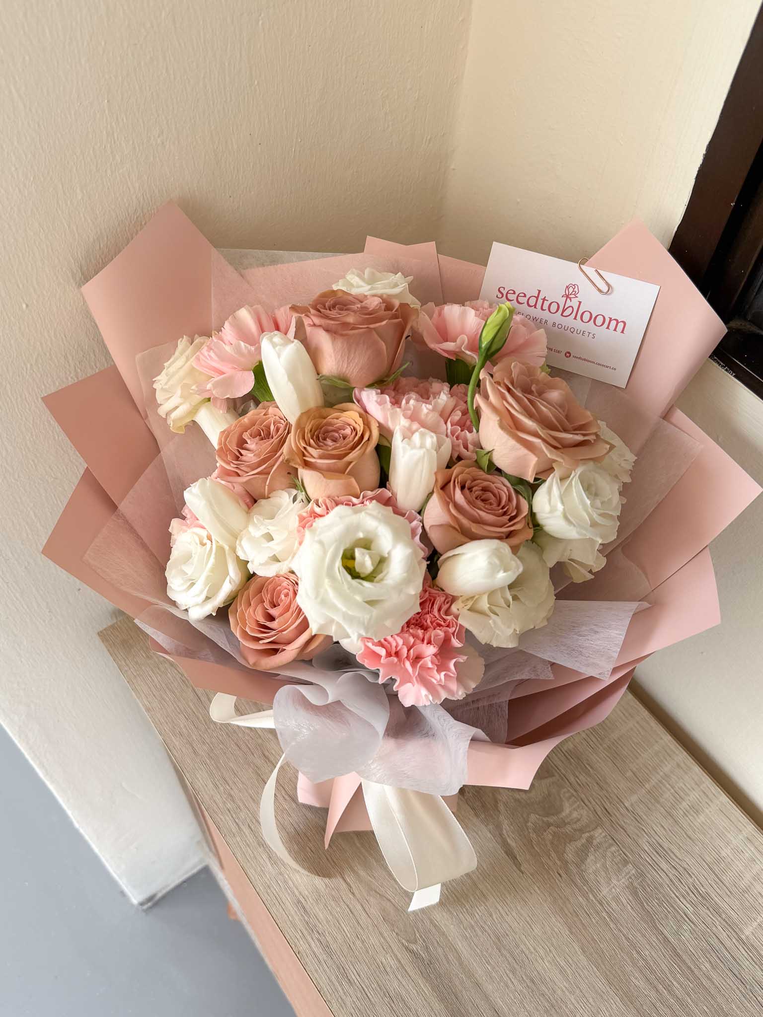 Adore | White Tulip & Cappuccino Rose Bouquet