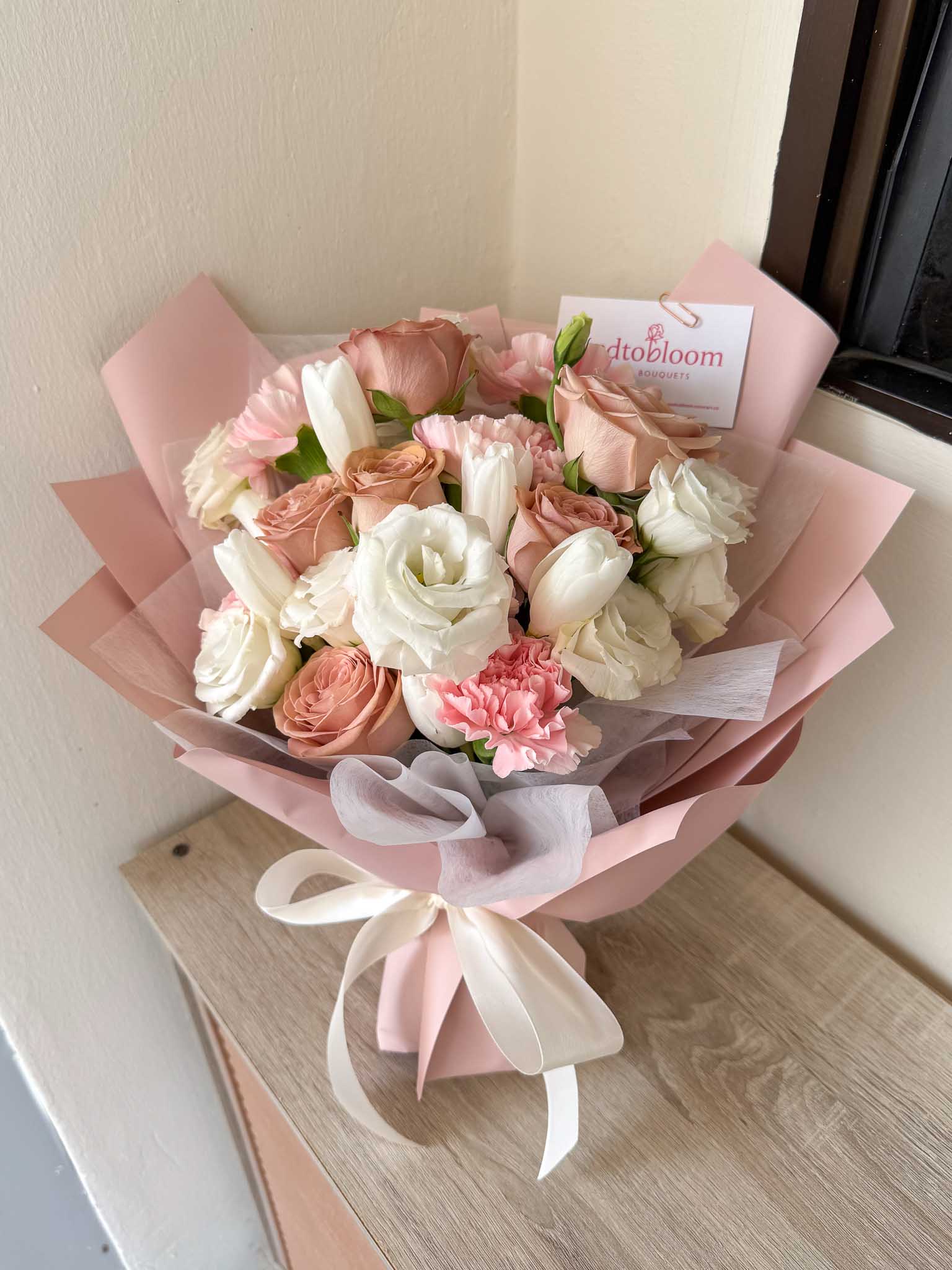 Adore | White Tulip & Cappuccino Rose Bouquet