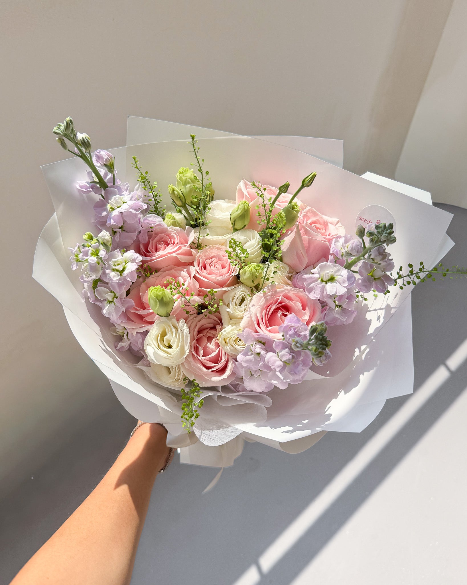 Fondly Yours | Pink Rose & Purple Matthiola Bouquet