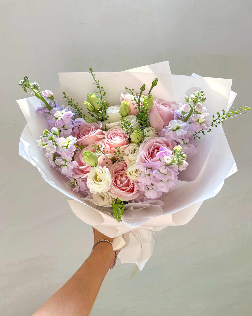 Fondly Yours | Pink Rose & Purple Matthiola Bouquet