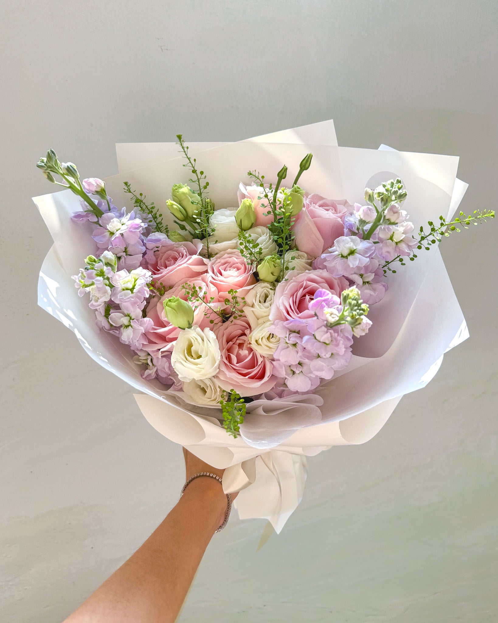 Fondly Yours | Pink Rose & Purple Matthiola Bouquet