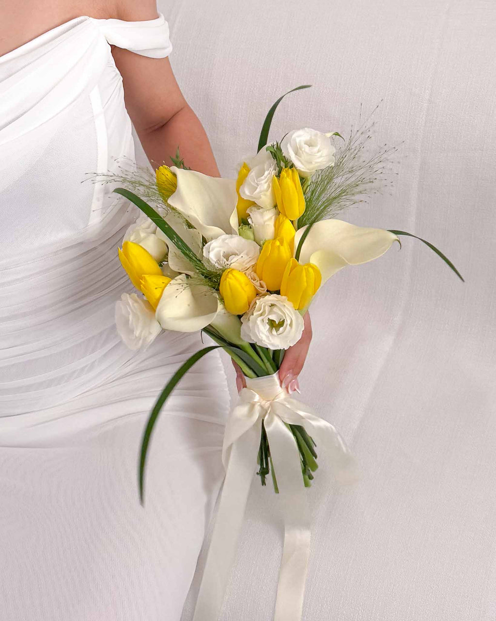 Golden Promise | White Calla Lily & Tulip Bridal Bouquet
