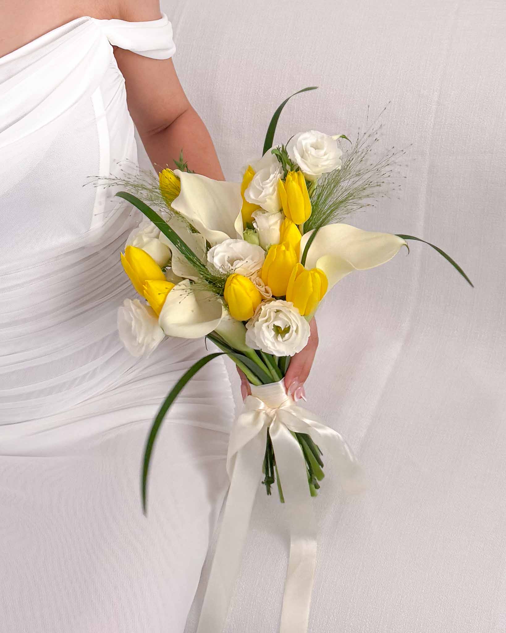 Golden Promise | White Calla Lily & Tulip Bridal Bouquet