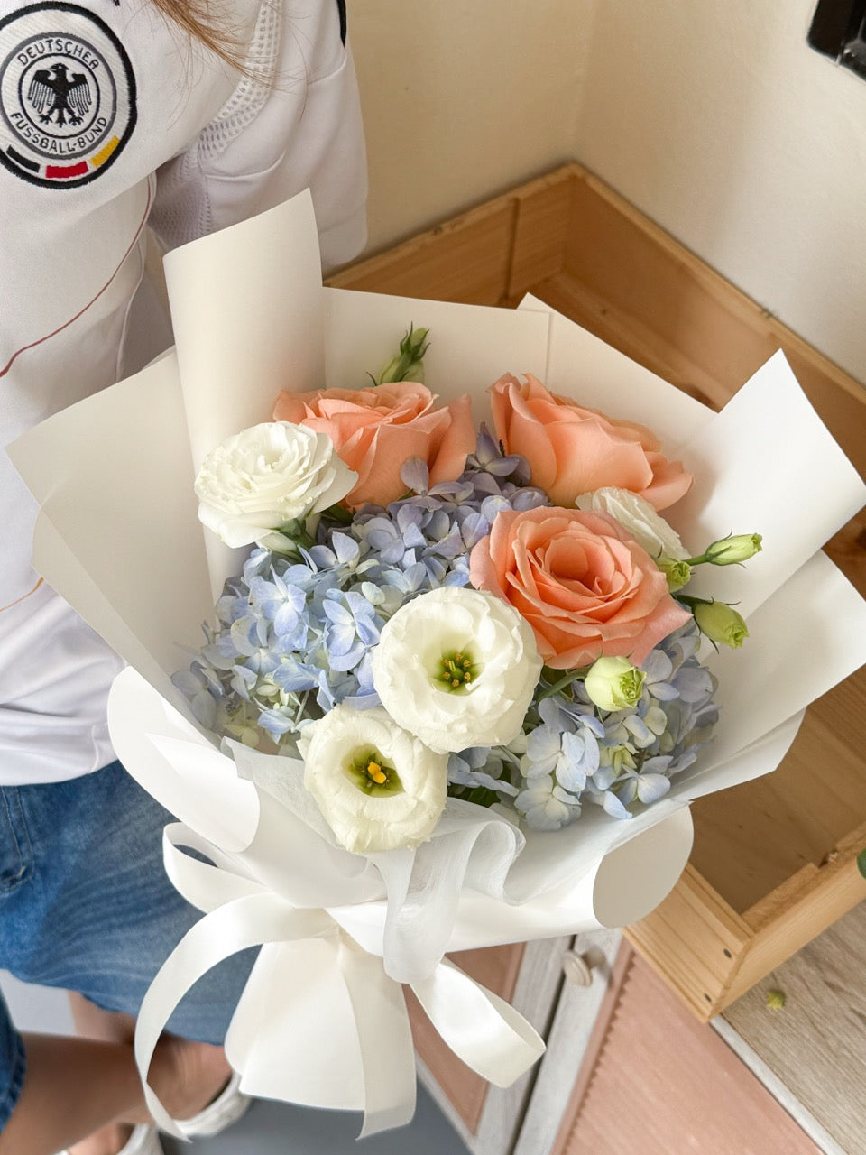 Sunset Bloom | Blue Hydrangea & Pink Rose Bouquet