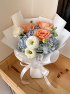 Sunset Bloom | Blue Hydrangea & Pink Rose Bouquet
