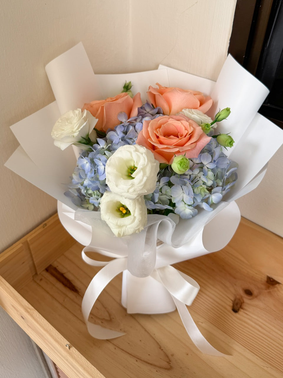 Sunset Bloom | Blue Hydrangea & Pink Rose Bouquet